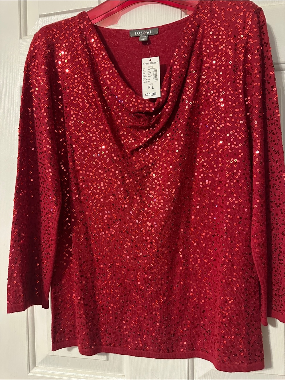 NWT Christmas or holiday Red Sequin Cowl Neck Pullover. Dress Barn